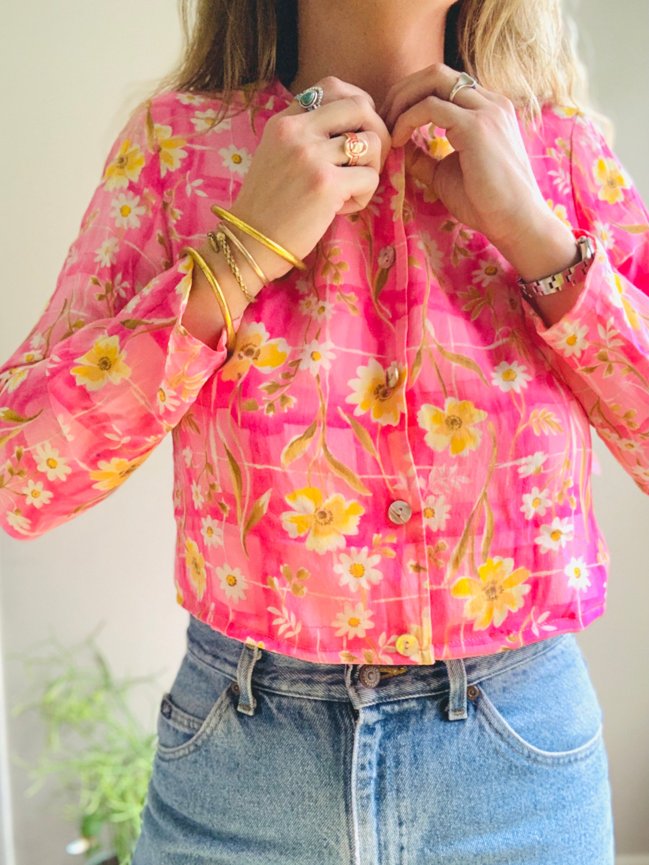 Pink Floral Silk Shirt - M/L